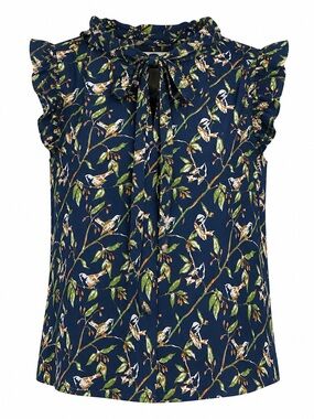 Anthropologie Porridge Birds Pattern Sleeveless Blouse with Neck Tie + Ruffles 2
